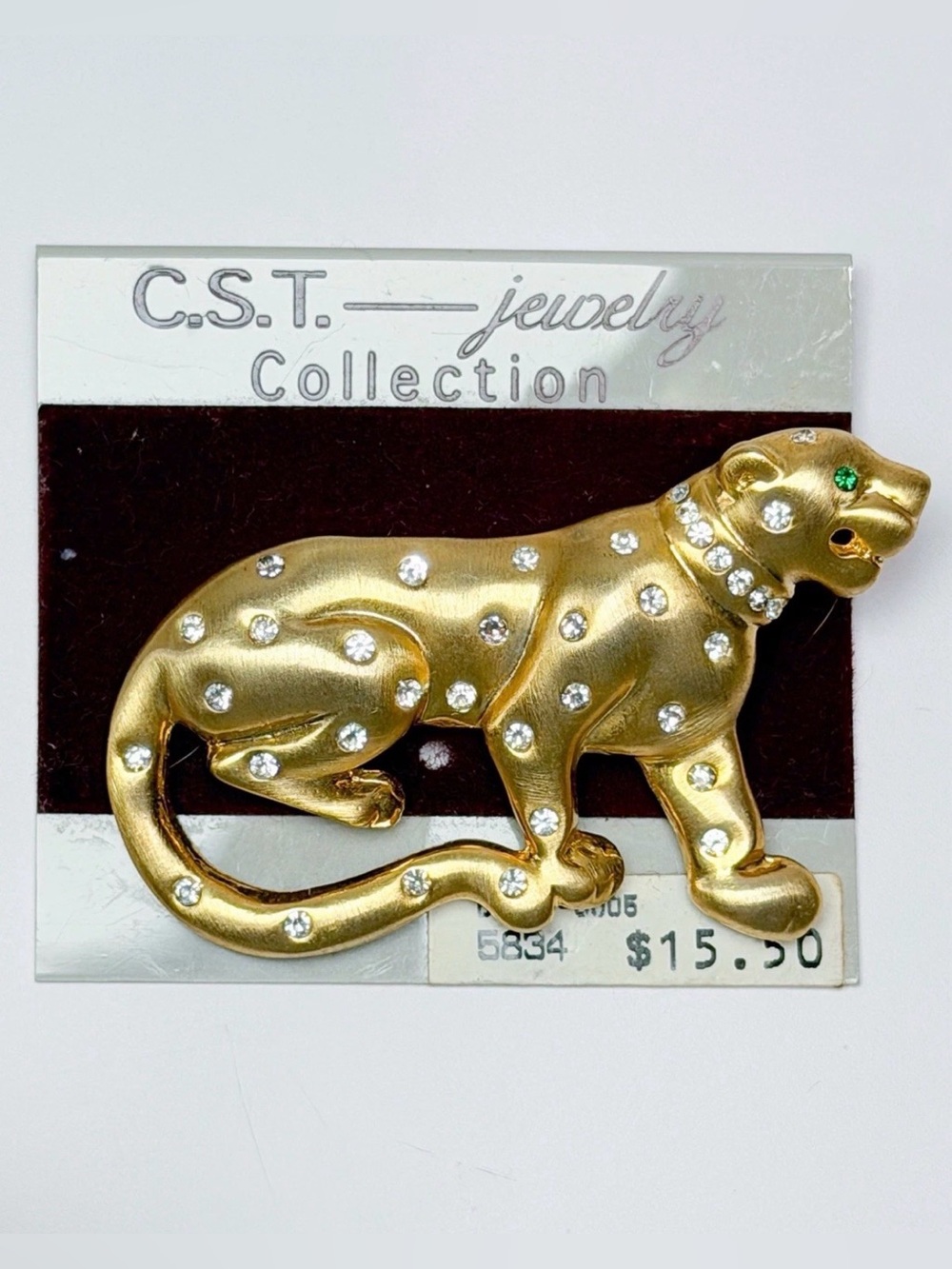 Vintage C.S.T. Panther Brooch Gold Tone Rhinestone Leopard Pin New Old Stock
